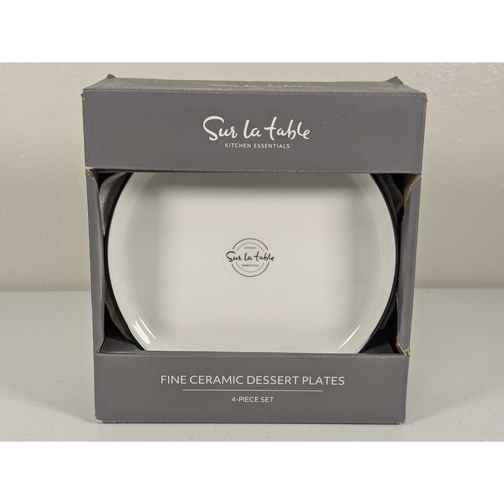 Sur La Table Fine Ceramic Dessert Plates 4-Pack 7.75" White With Black Rim NIB